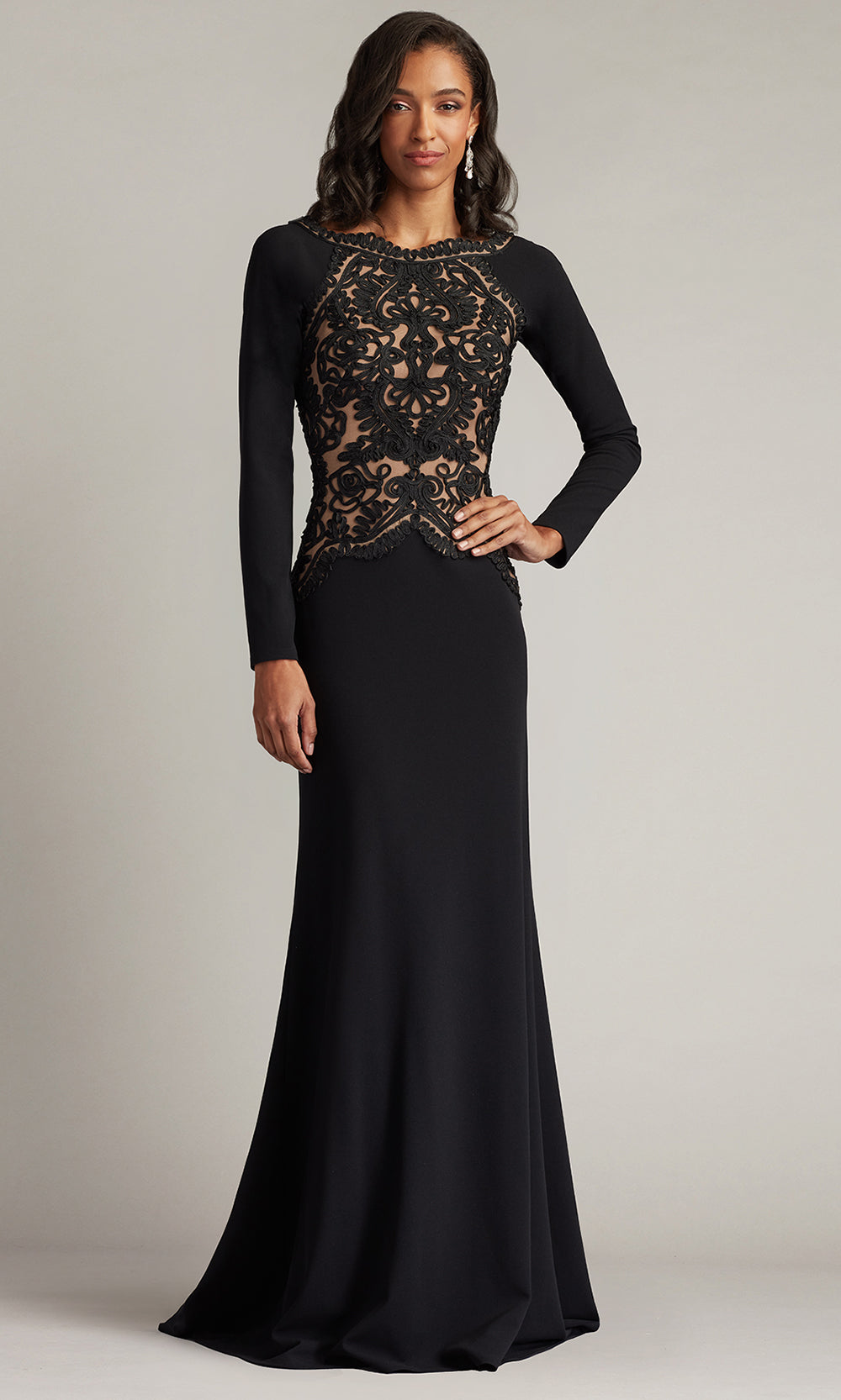 Tadashi Shoji CIM25396L - Nayana Embroidered Crepe Sheath Formal Gown Mother of the Bride Dresses in Black and Neutral