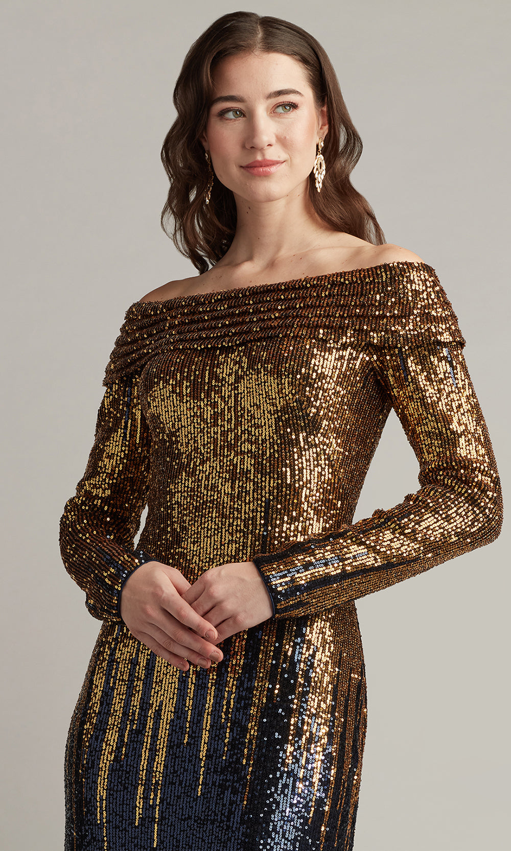 Tadashi Shoji CIR25444L - Vionne Off-Shoulder Sequin Long Sleeve Gown Mother of the Bride Dresses in Blue  