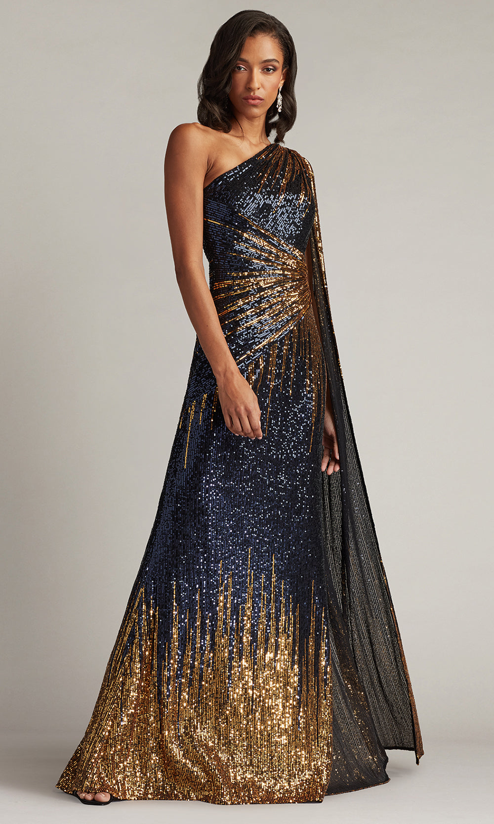Tadashi Shoji CIR25437L - Marseille Sequin Cape-Sleeve One Shoulder Gown Prom Dresses in Blue  