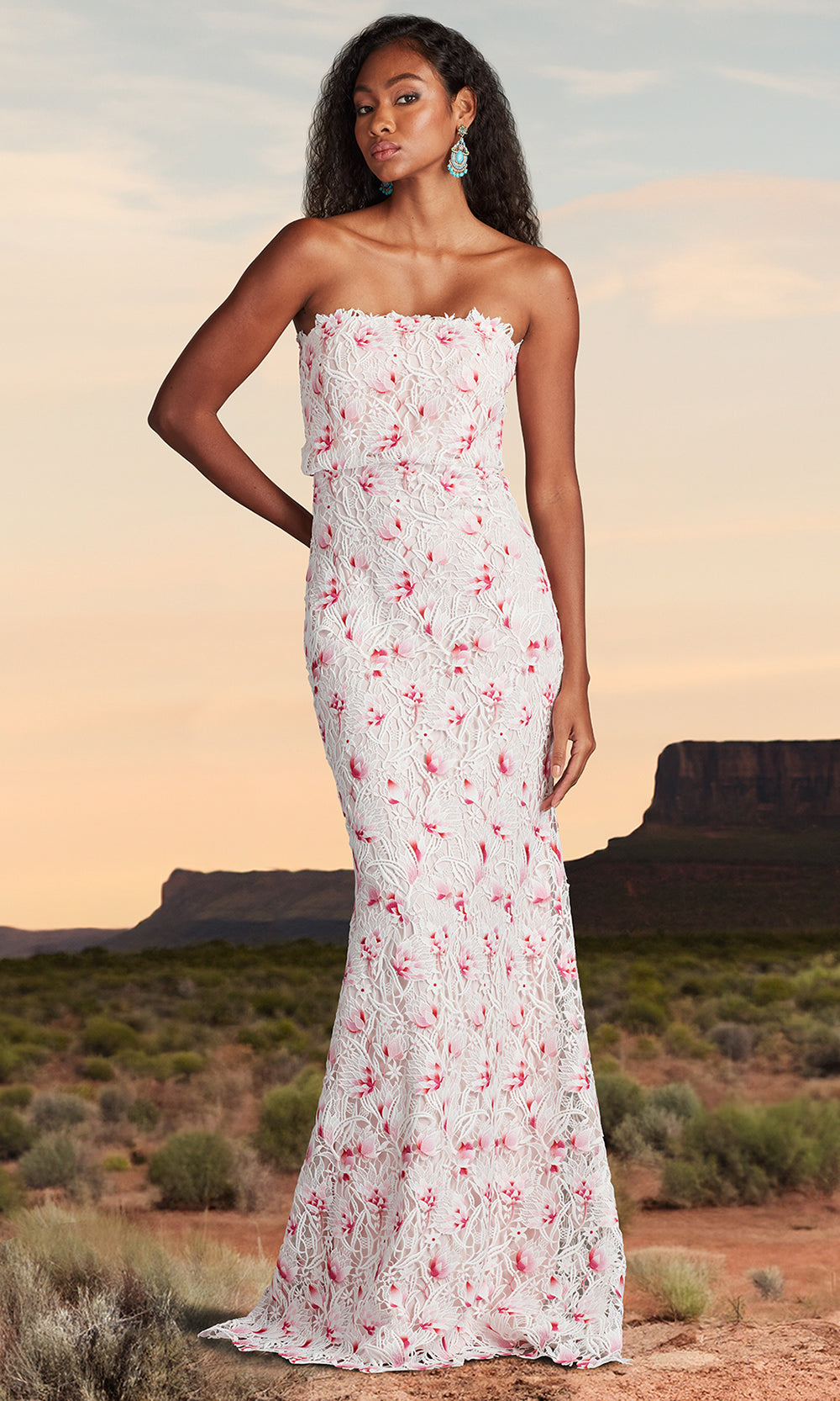 Tadashi Shoji CHY25435LX - Straight Neckline Elissa Lace Blouson Gown Prom Dresses in White and Pink