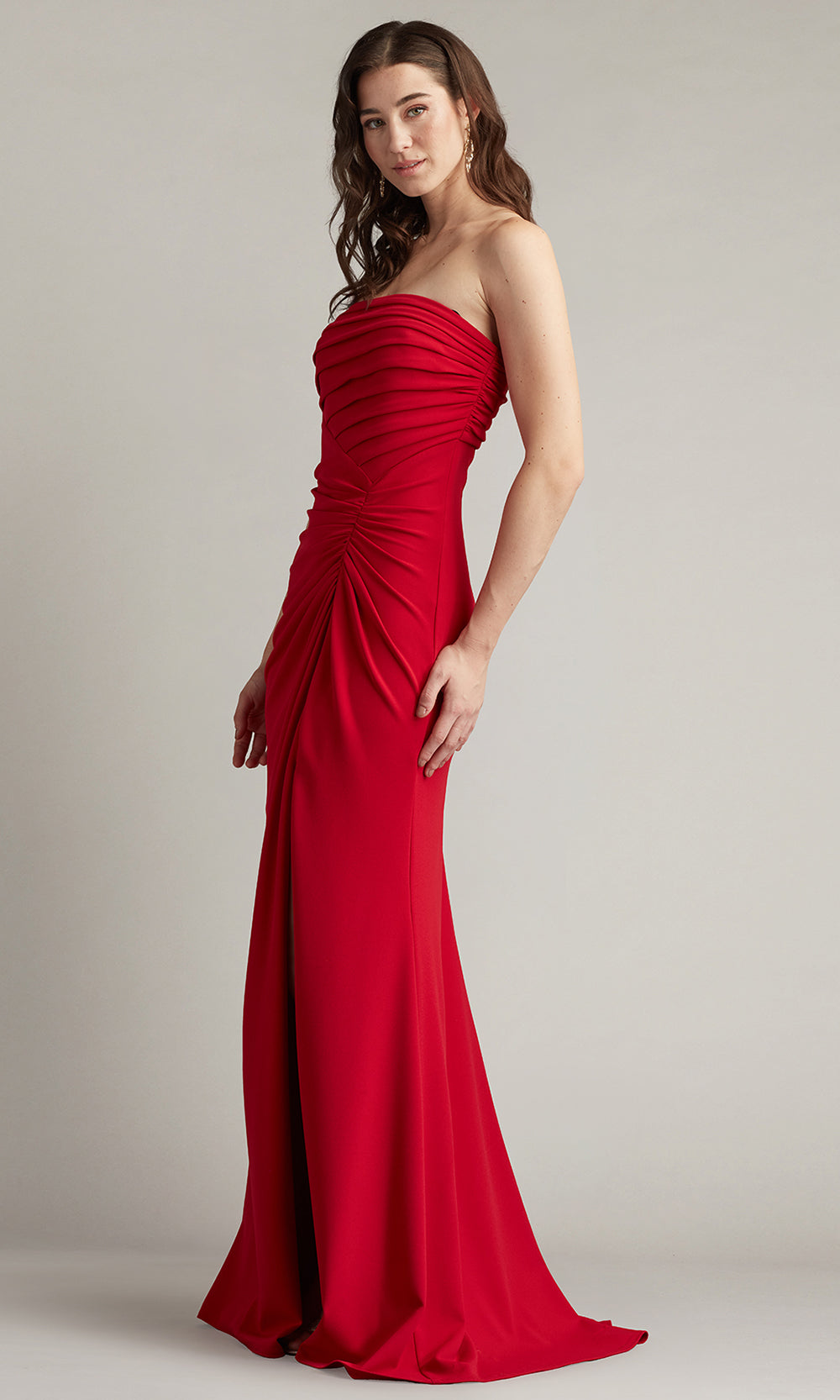 Tadashi Shoji BOS24002L - Dorsett Pleated Crepe Straight Neckline Gown Prom Dresses in Red  