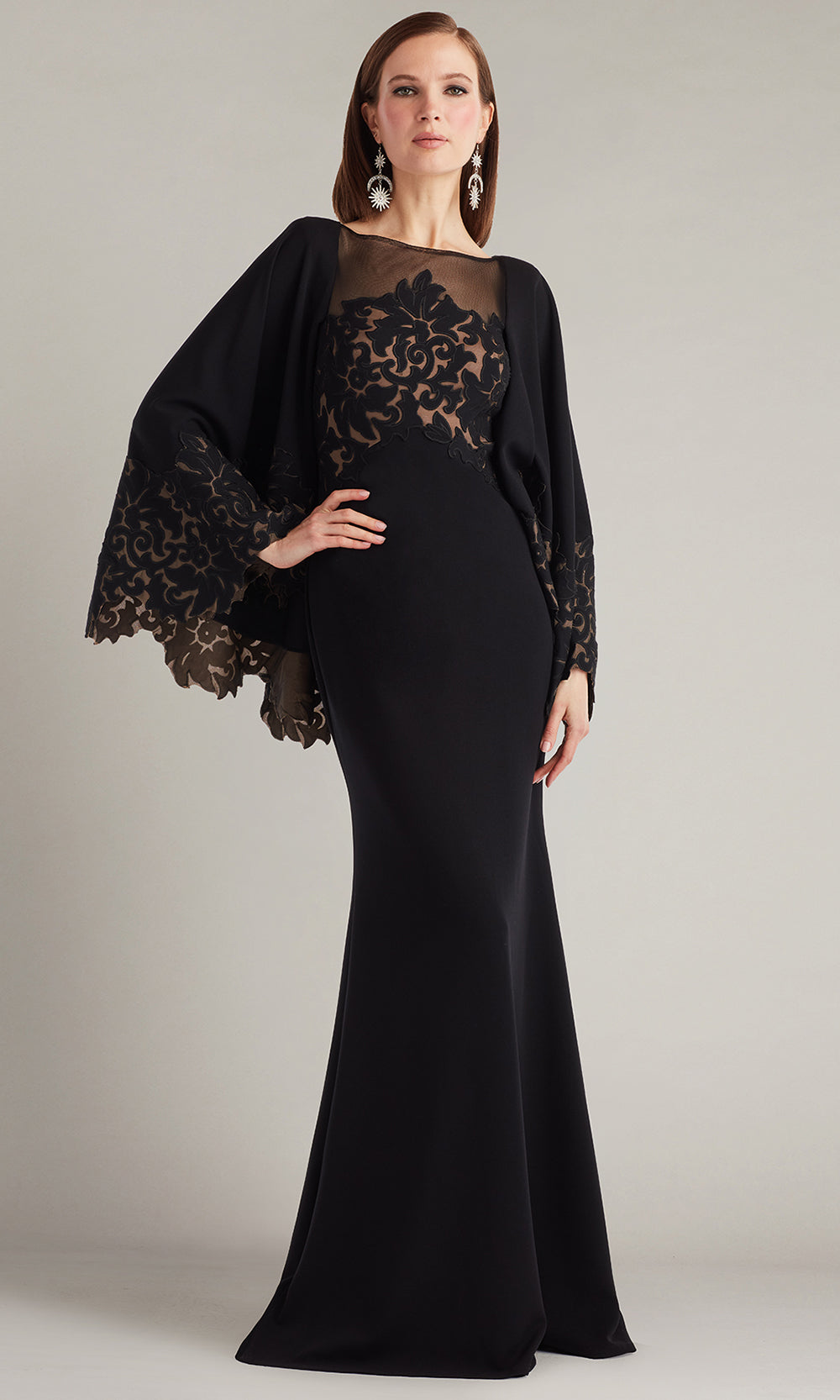 Tadashi Shoji CIN25506L - Delgado Laser-Cut Capelet Sheath Long Gown Mother of the Bride Dresses in Black and Neutral
