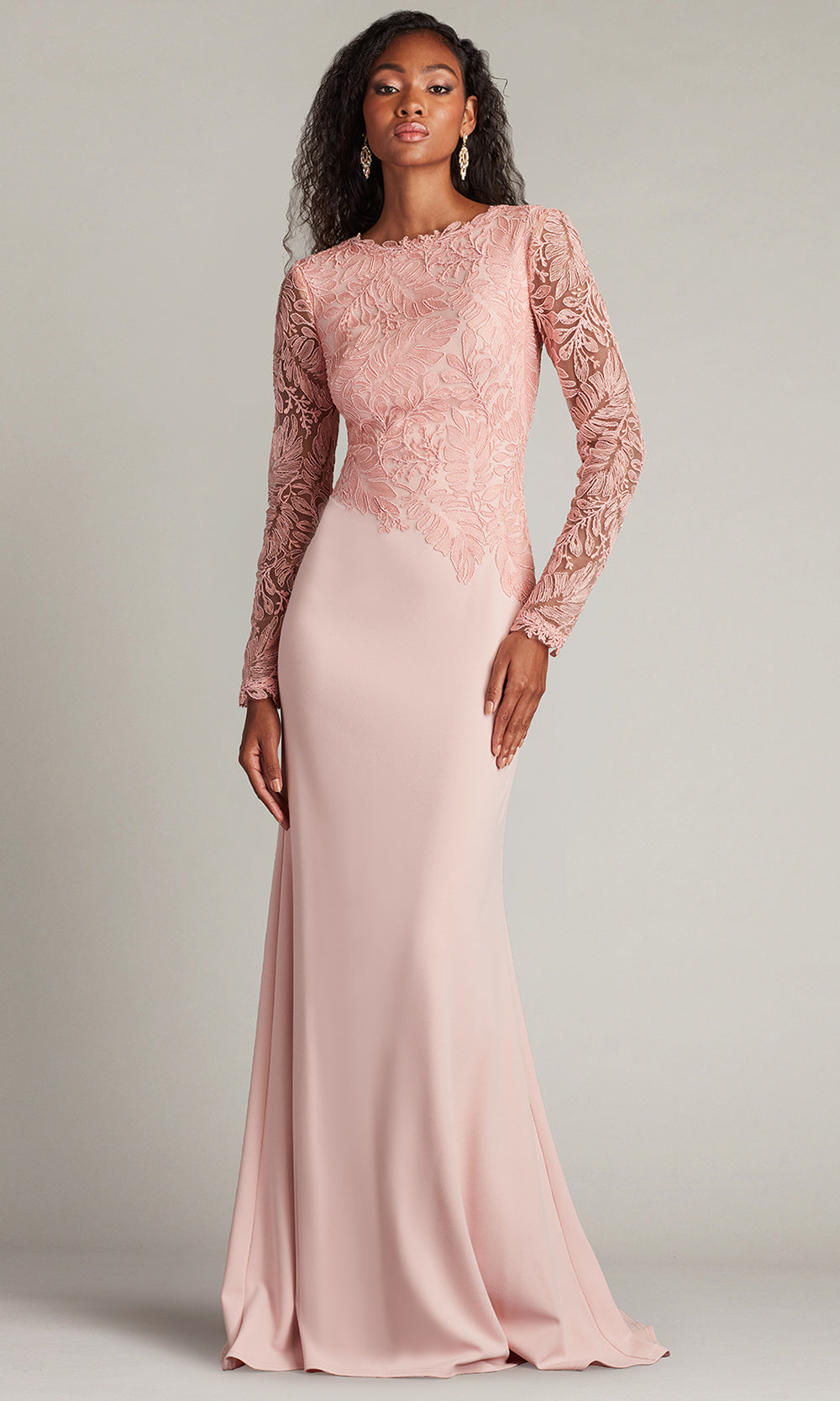 Tadashi Shoji CHU16206LXY - Caliste Embroidered Crepe Long Sleeve Gown Prom Dresses in Pink  