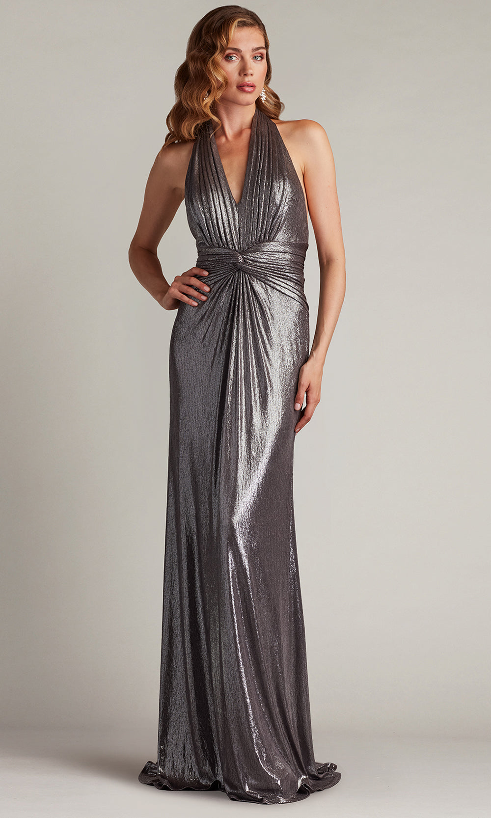 Tadashi Shoji BSJ25803L - Mona Pleated Metallic Halter Sleeveless Gown Prom Dresses in Gray  
