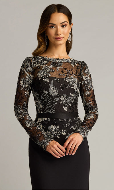 Tadashi Shoji CGU25804L - Beacon Belted Embroidered Illusion Sheath Gown Formal Gowns