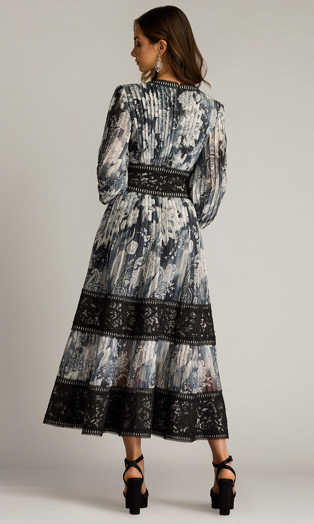 Tadashi Shoji CHP25186MD - Long Sleeve Derby Pleated Chiffon Midi Dress Wedding Guest in White and Black