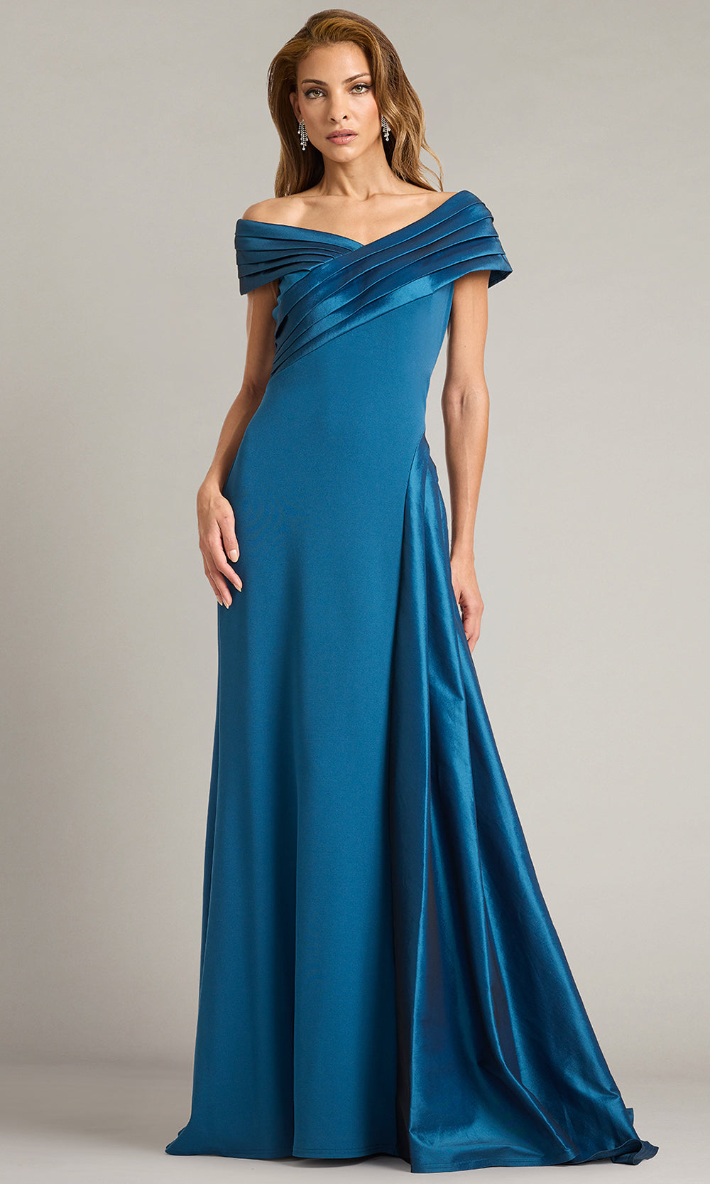 Tadashi Shoji BOS25530L - Off Shoulder Elysian Draped Overlay Train Gown Prom Dresses in Cerulean  