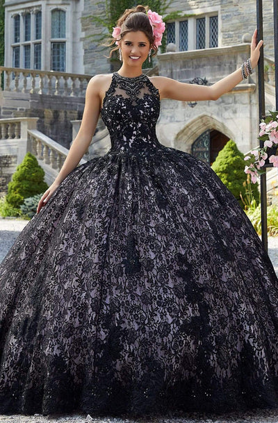 Vizcaya by Mori Lee - 34026 Illusion Halter Lace Ballgown Ball Gowns 0 / Black/Blush
