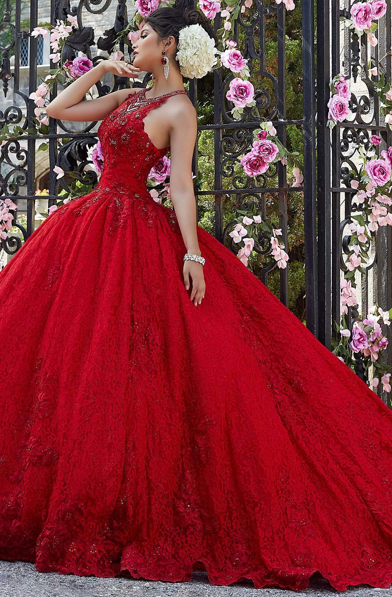 Vizcaya by Mori Lee - 34026 Illusion Halter Lace Ballgown Ball Gowns 0 / Red