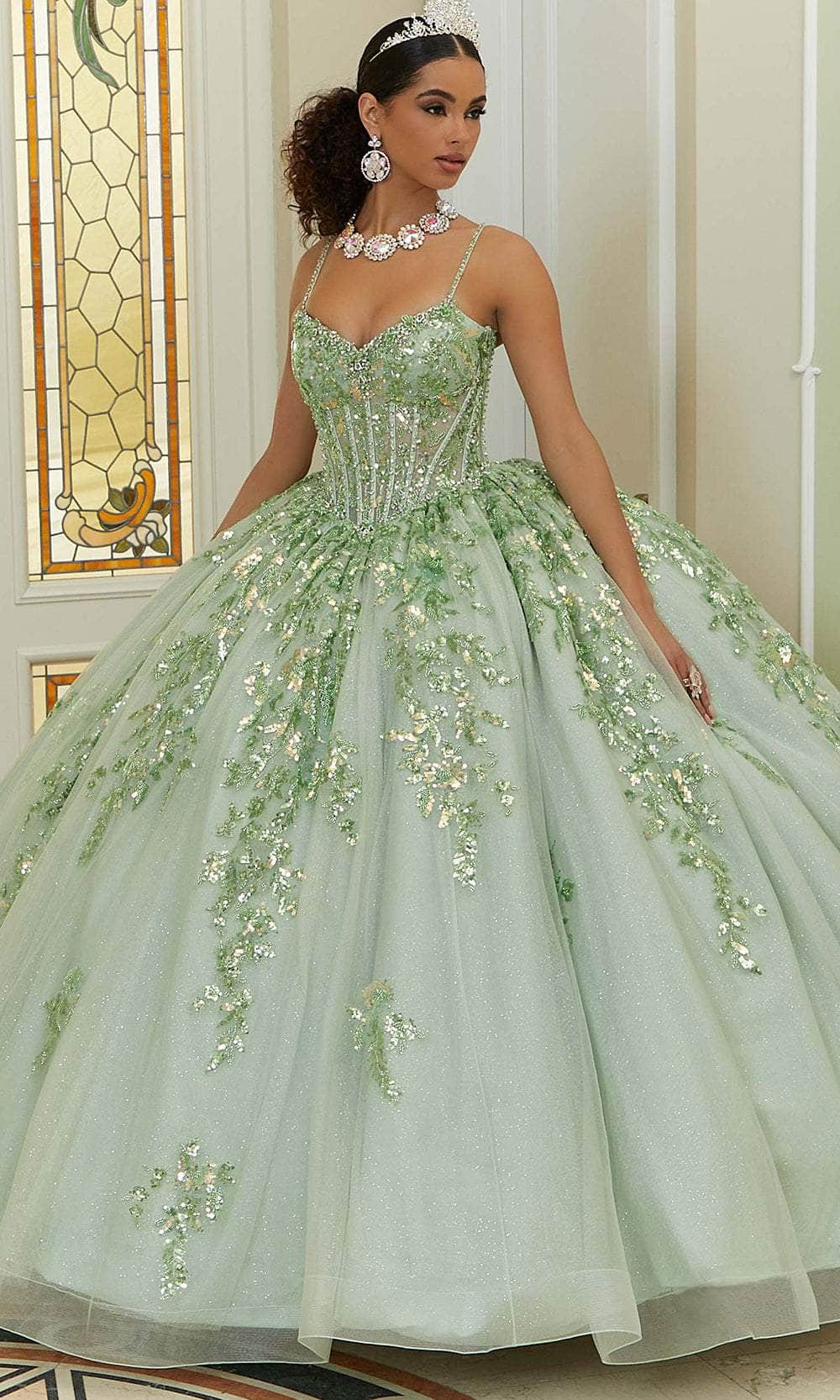 Vizcaya by Mori Lee 89472 - Long Sparkle Tulle Ballgown Dress - Pattern Sequin and Diamante Beadwork, Spaghetti Straps, Corset Boning on Sheer Midriff Vizcaya by Mori Lee 89472 - Long Sparkle Tulle Ballgown Dress - Pattern Sequin and Diamante Beadwork, Spaghetti Straps, Corset Boning on Sheer Midriff