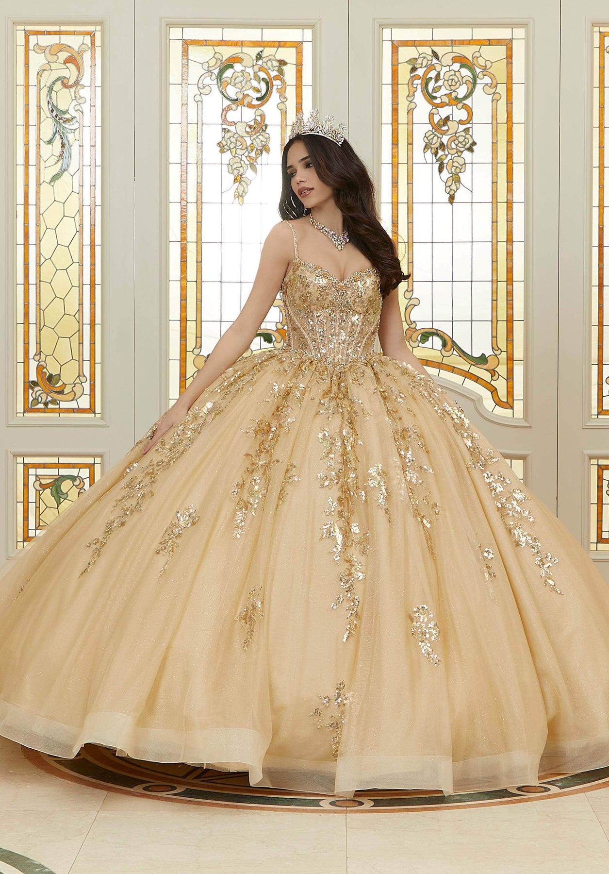 Vizcaya by Mori Lee 89472 - Long Sparkle Tulle Ballgown Dress - Pattern Sequin and Diamante Beadwork, Spaghetti Straps, Corset Boning on Sheer Midriff, Lace Up Back, Oversized Bow Accent, Layered Skirt Vizcaya by Mori Lee 89472 - Long Sparkle Tulle Ballgown Dress - Pattern Sequin and Diamante Beadwork, Spaghetti Straps, Corset Boning on Sheer Midriff, Lace Up Back, Oversized Bow Accent, Layered Skirt