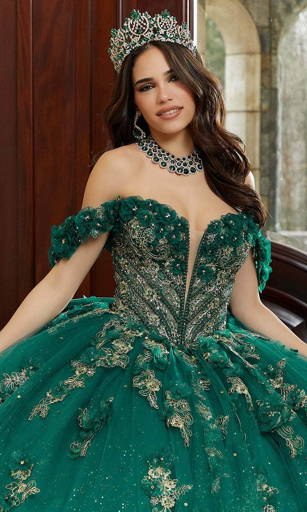 Vizcaya by Mori Lee 89473 - Long Sparkle Tulle/Metallic Lace Ballgown Dress - Plunging Bodice with Sheer Inset, Three-Dimensional Flowers, Metallic Vizcaya by Mori Lee 89473 - Long Sparkle Tulle/Metallic Lace Ballgown Dress - Plunging Bodice with Sheer Inset, Three-Dimensional Flowers, Metallic