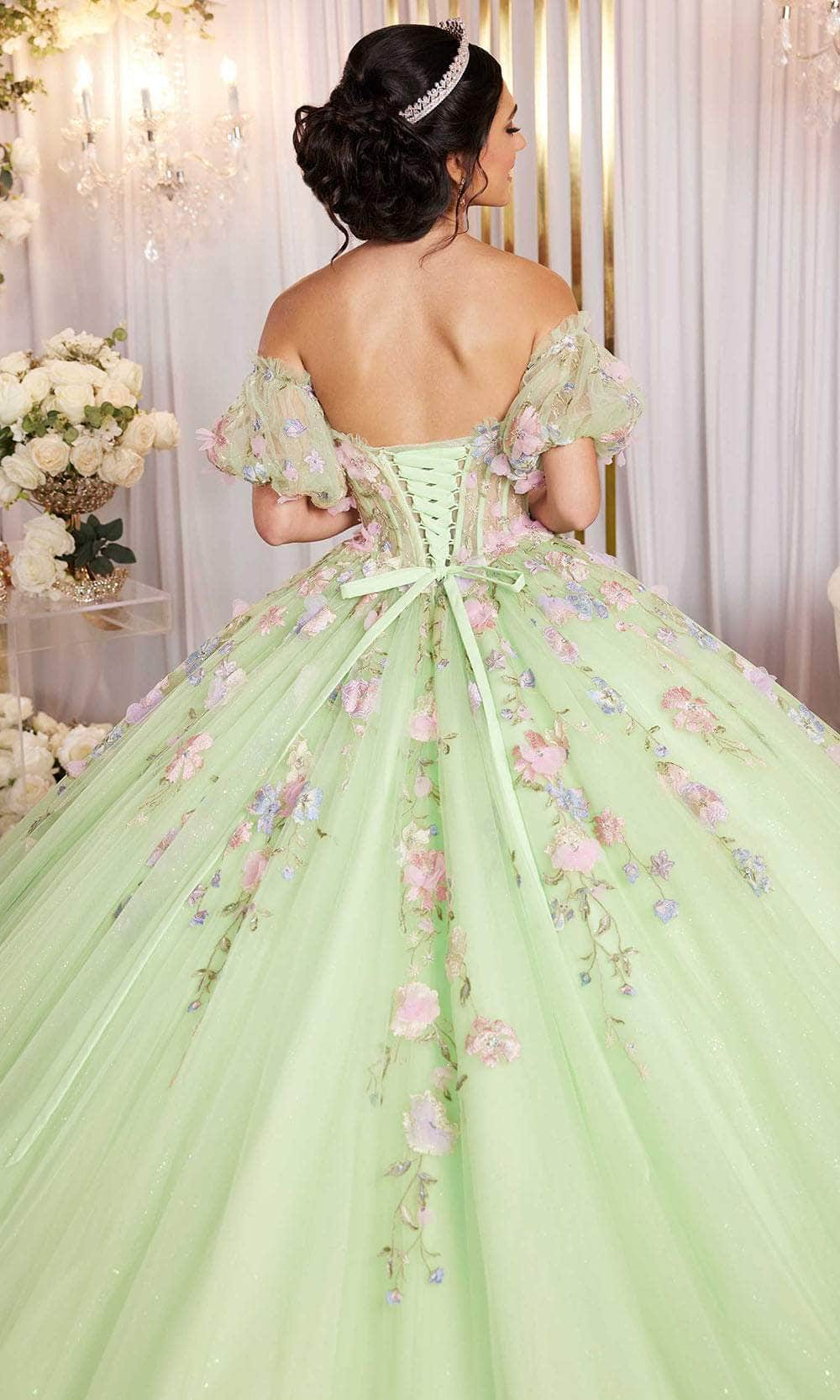 Vizcaya by Mori Lee 89510 - Long Tulle Ballgown Dress - Detachable Puff Sleeves, Corset Bodice, Floral Appliques, Lace Up Back, Tiered Skirt, Sweep Vizcaya by Mori Lee 89510 - Long Tulle Ballgown Dress - Detachable Puff Sleeves, Corset Bodice, Floral Appliques, Lace Up Back, Tiered Skirt, Sweep