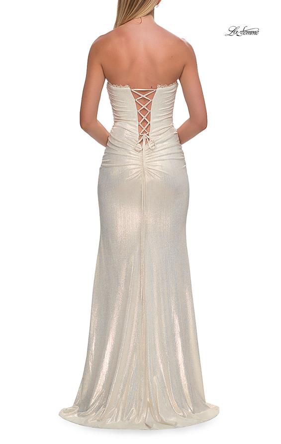 La Femme 33418 - Lace Trim Strapless Ruched Prom Dress