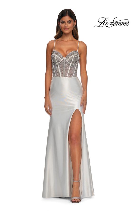 La Femme 32691 - Long Hot Stone/Liquid Jersey Sheath Dress - Sleeveless, Corset Bodice, Mesh Panels, Exposed Boning, Back Zipper Closure, Ruched, Slit La Femme 32691 - Long Hot Stone/Liquid Jersey Sheath Dress - Sleeveless, Corset Bodice, Mesh Panels, Exposed Boning, Back Zipper Closure, Ruched, Slit