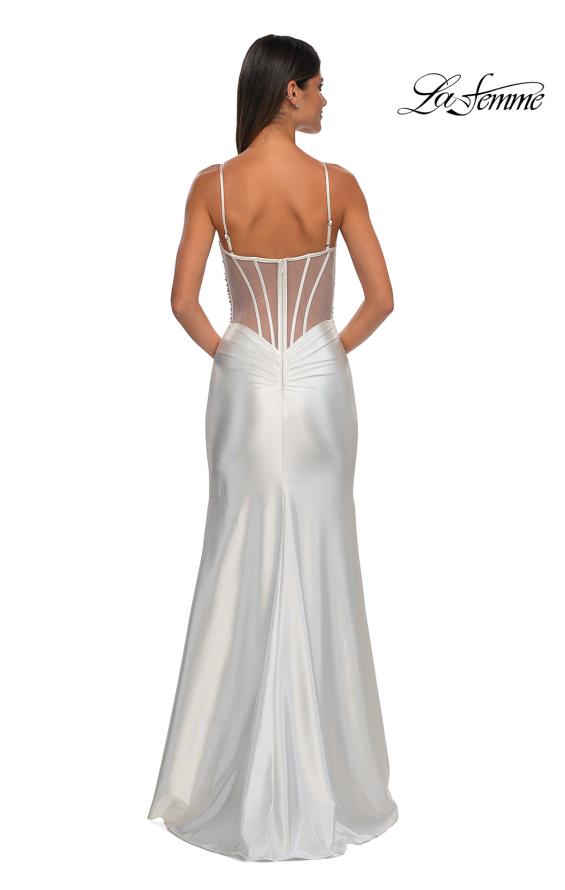 La Femme 32691 - Long Hot Stone/Liquid Jersey Sheath Dress - Sleeveless, Corset Bodice, Mesh Panels, Exposed Boning, Back Zipper Closure, Ruched, Slit, Train ADASA La Femme 32691 - Long Hot Stone/Liquid Jersey Sheath Dress - Sleeveless, Corset Bodice, Mesh Panels, Exposed Boning, Back Zipper Closure, Ruched, Slit, Train ADASA