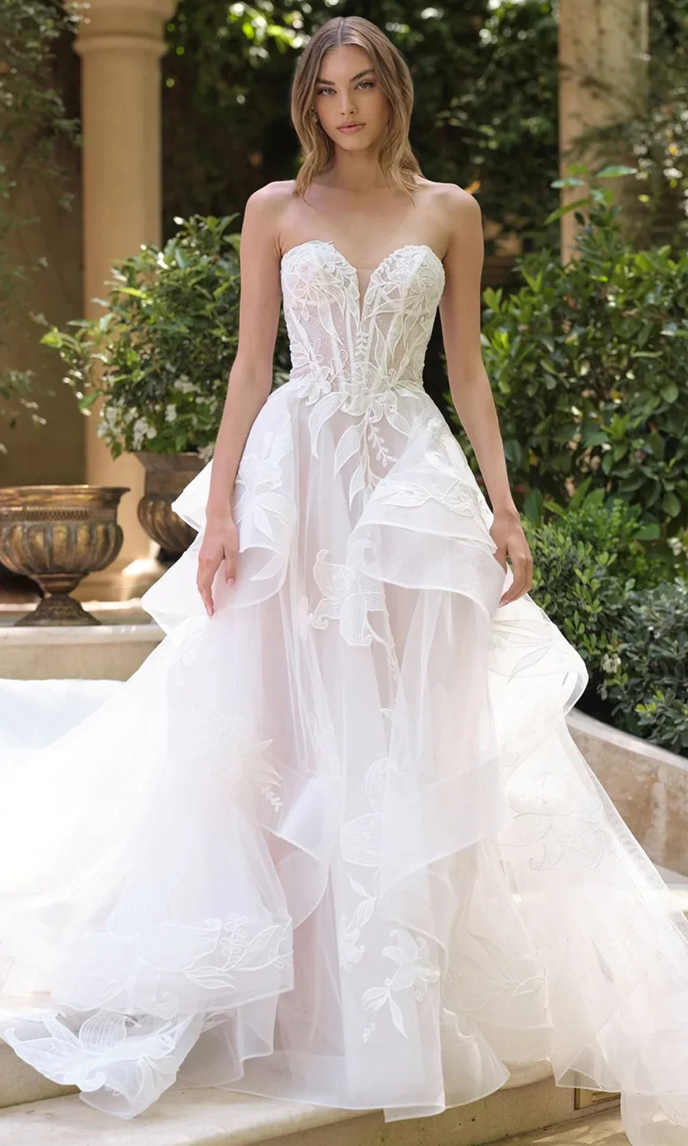 Andrea and Leo WL059 - Lace Applique Strapless Layered Gown Ball Gowns