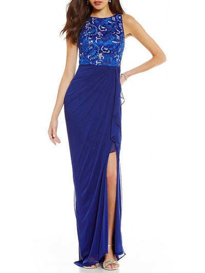 Adrianna Papell - AP1E201669 Floral Lace Bateau Jersey Sheath Dress In Blue