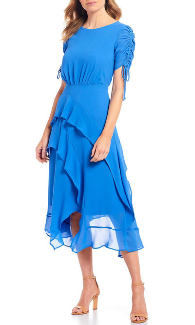 Maison Tara - 91186M Ruched Sleeve Asymmetric Hemmed Dress In Blue