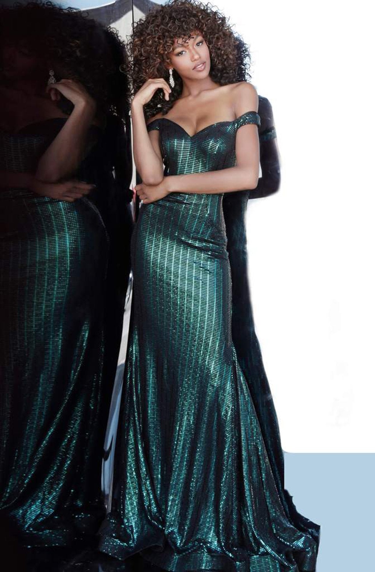 Jovani - Metallic Striped Off Shoulder Trumpet Gown 00974SC In Black and Green