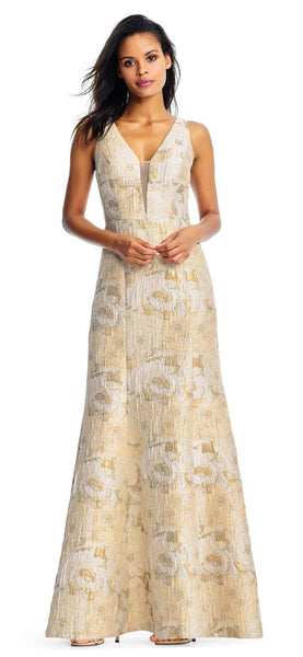 Aidan Mattox Deep V neck Floral Metallic Jacquard Dress