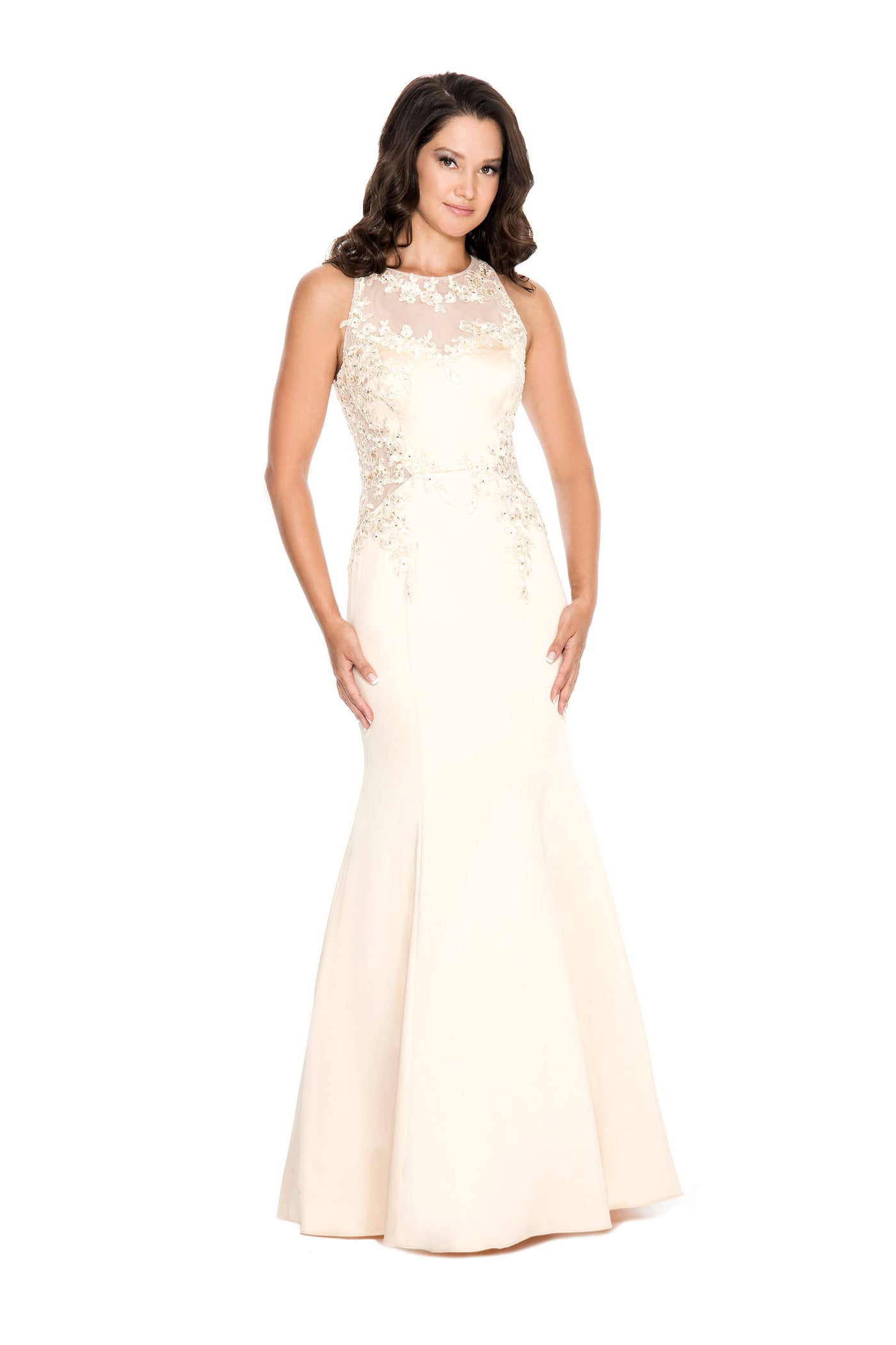 Decode - 183859 Lace Applique Satin Long Gown In White