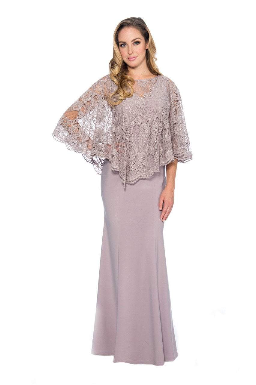 Decode - 184553 Jersey Knit Long Gown with Lace Cape in Purple and Pink