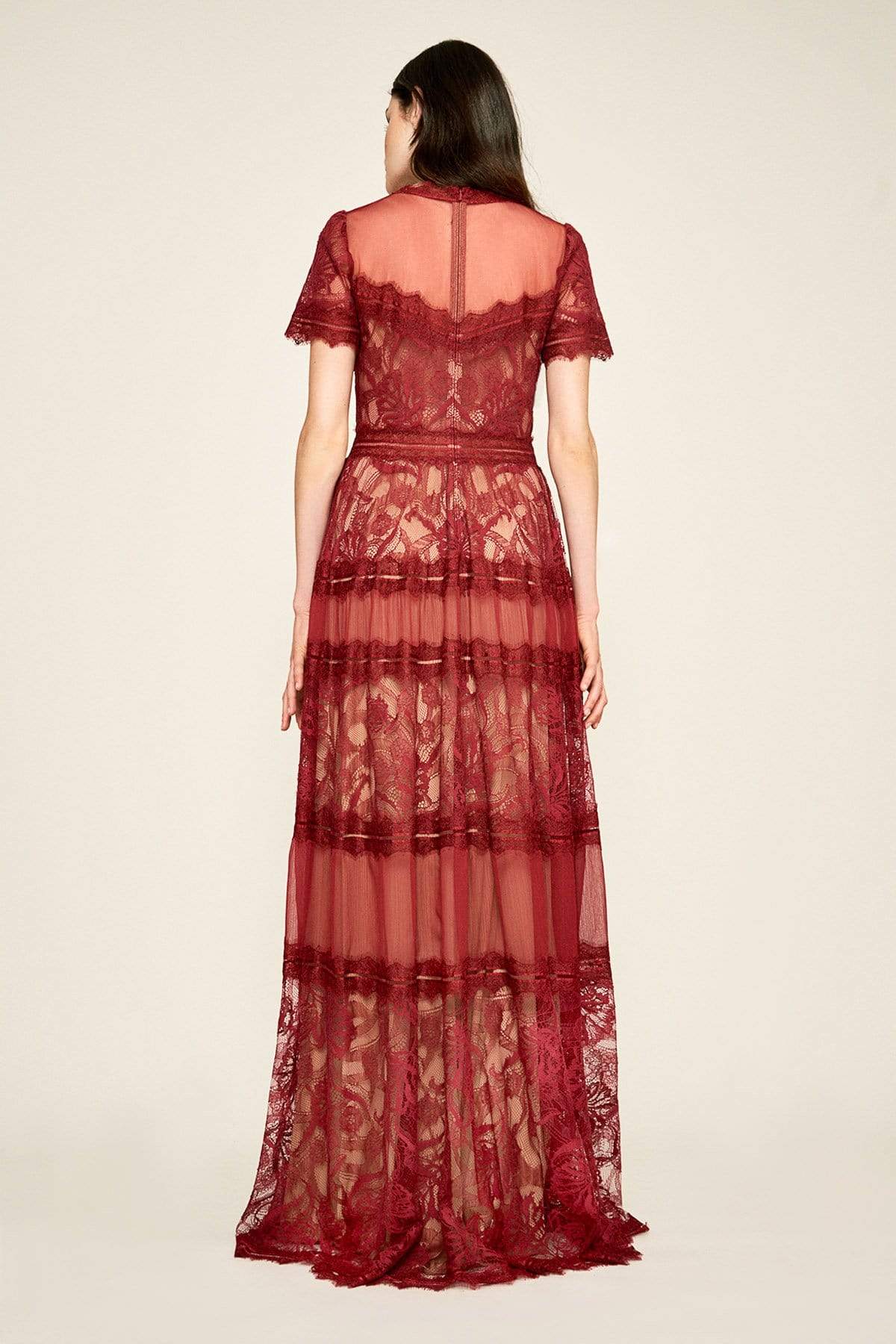 Tadashi Shoji - Lace Gathered Jewel A-Line Dress In Red and Neutral