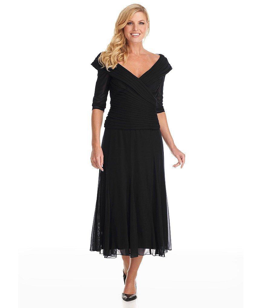 Alex Evenings - 132141 Ruched Off Shoulder Tea Length Dress in Black