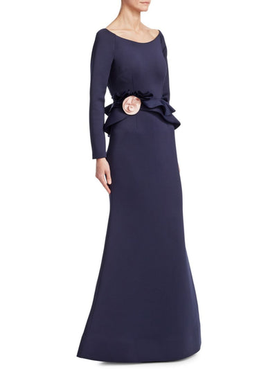 Nero By Jatin Varma - 480160 Long Sleeve Rosette Accent Peplum Gown In Blue