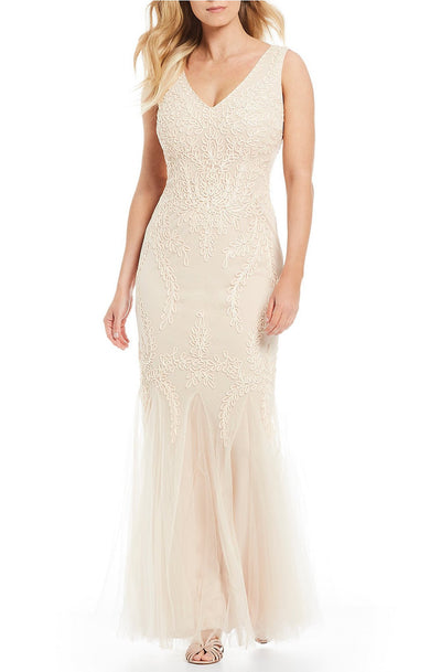 Cachet - 57058K Embroidered Soutache Godet Accented Dress In Neutral