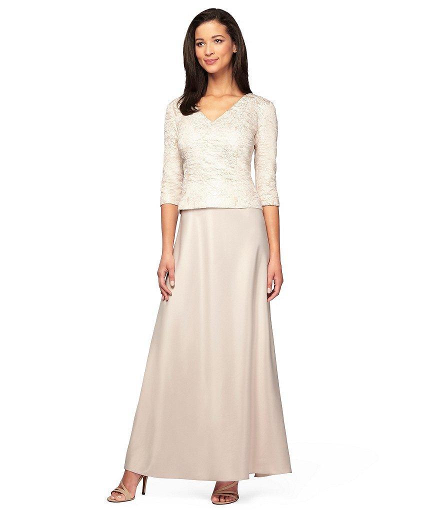 Alex Evenings - V Neck Quarter Length Sleeves Long Dress 281047 in Nude and White