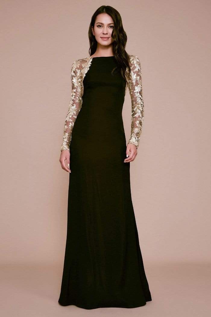 Tadashi Shoji - Sheer Lace Long Sleeve Long Crepe Gown In Black and Gold