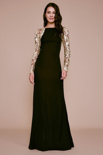 Tadashi Shoji - Long Sleeve Sheer Lace Long Crepe Gown In Black and Gold