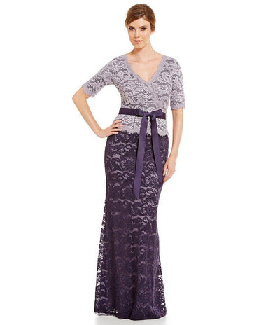 Adrianna Papell - V-Neckline Scalloped Lace Evening Dress AP1E200046 in Purple