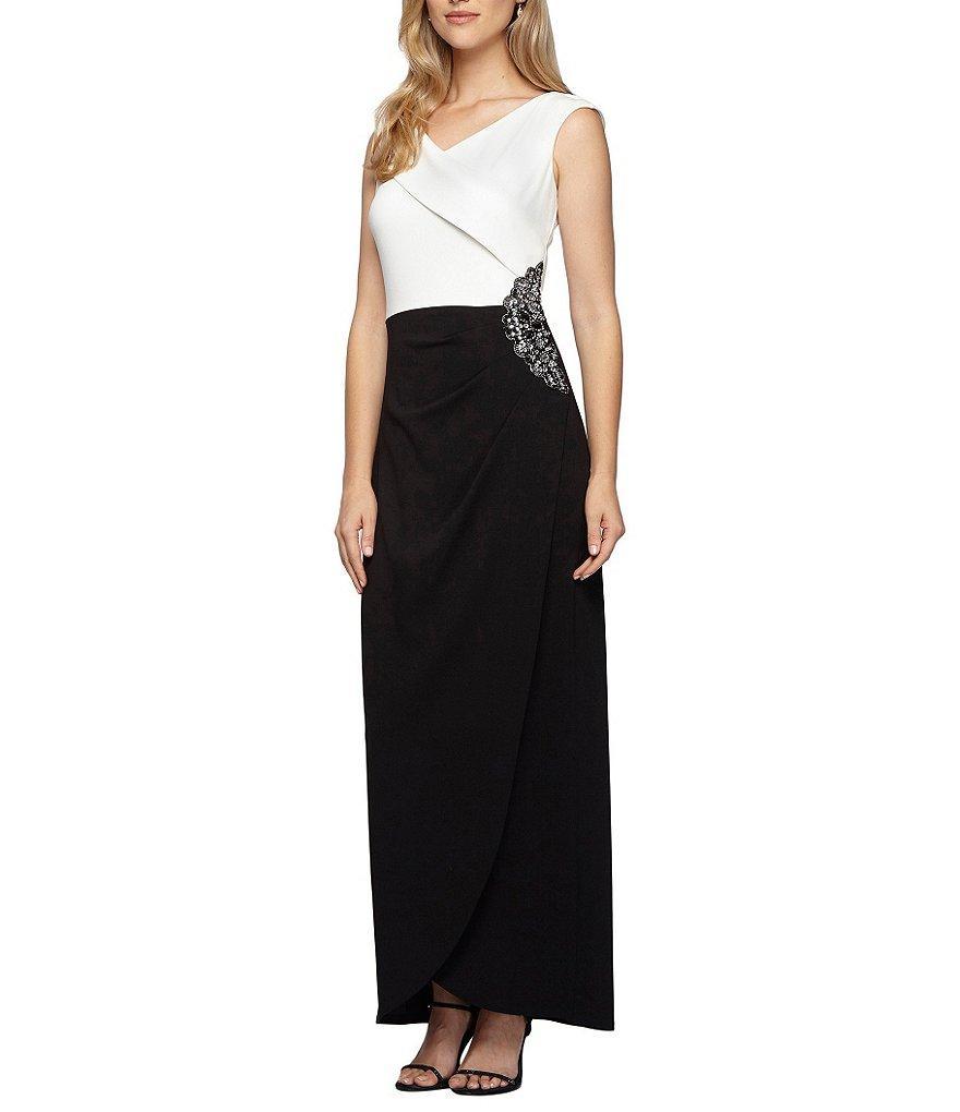 Alex Evenings - Side Embellished Crepe Long Dress 160088 in Black and White
