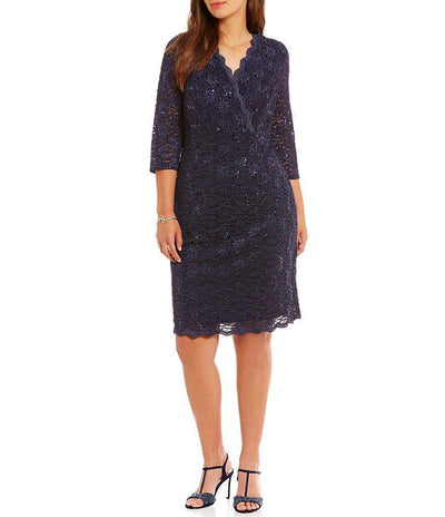 Alex Evenings Scalloped V Neck Lace Dress 4121805 In Blue