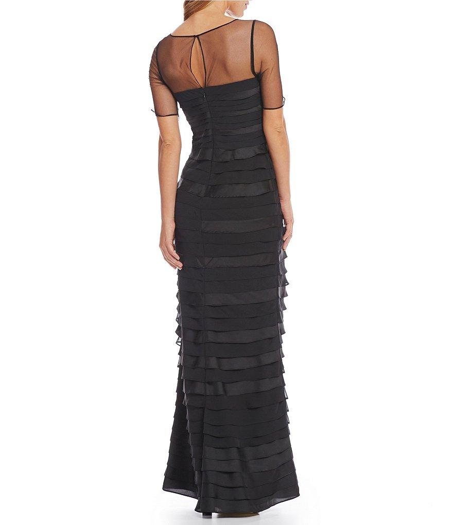 Adrianna Papell - AP1E201931 Sheered Bateau Neck Tiered Dress in Black