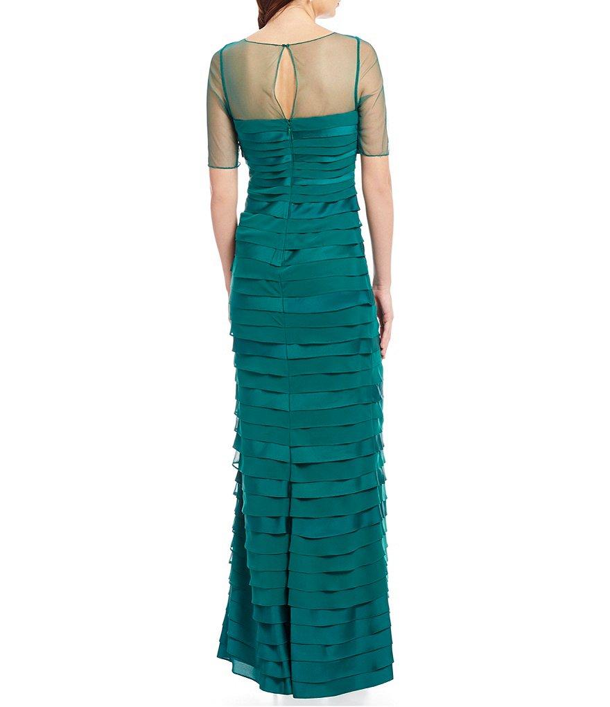 Adrianna Papell - AP1E201931 Sheered Bateau Neck Tiered Dress in Green