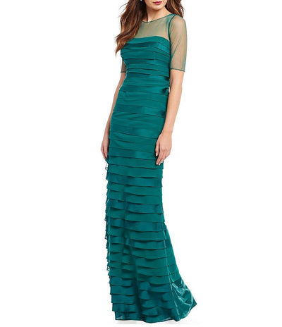 Adrianna Papell - AP1E201931 Sheered Bateau Neck Tiered Dress in Green