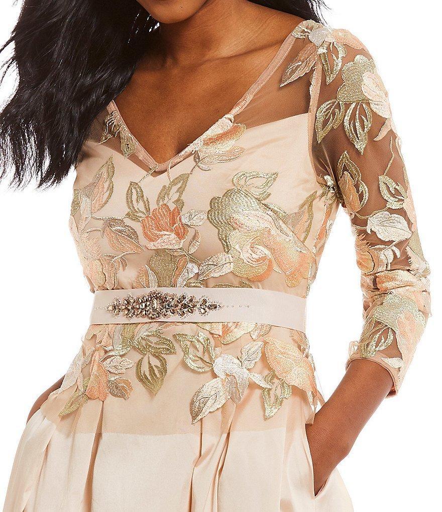 Adrianna Papell - AP1E203037 Floral Embroidered Taffeta A-line Dress in Neutral and Orange