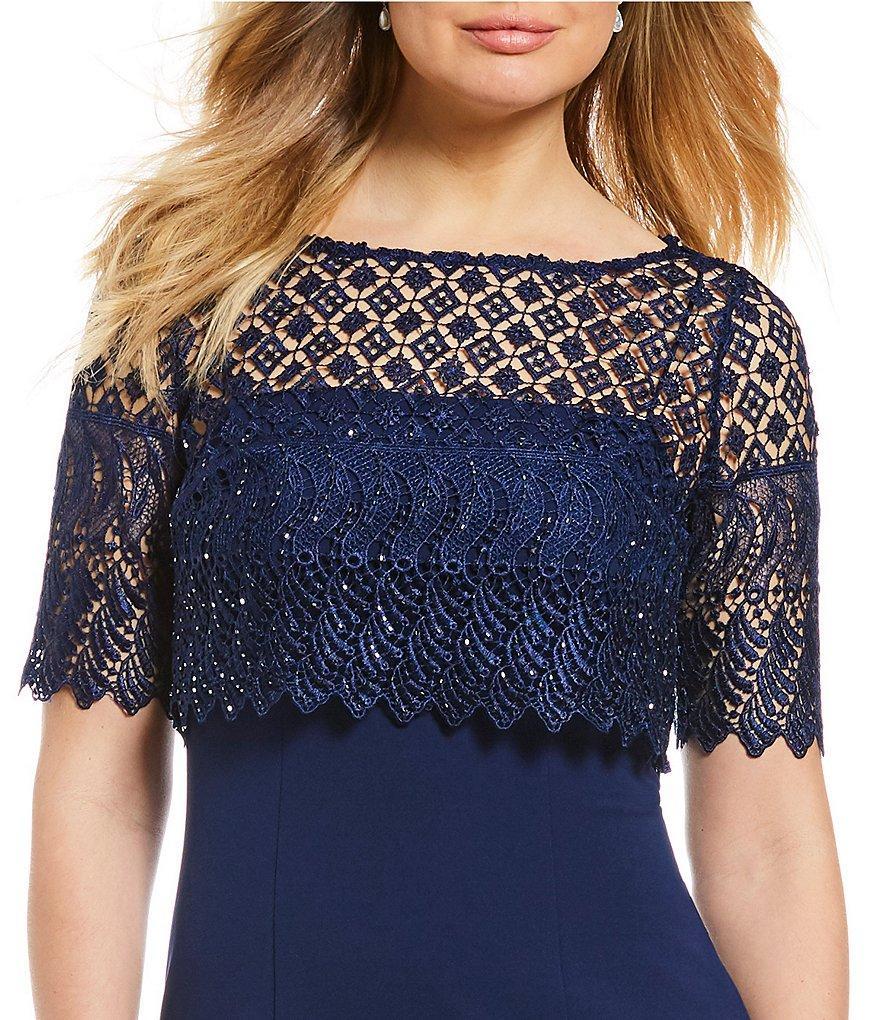 Adrianna Papell - AP1E203288 Lace Popover Bateau Evening Dress In Blue