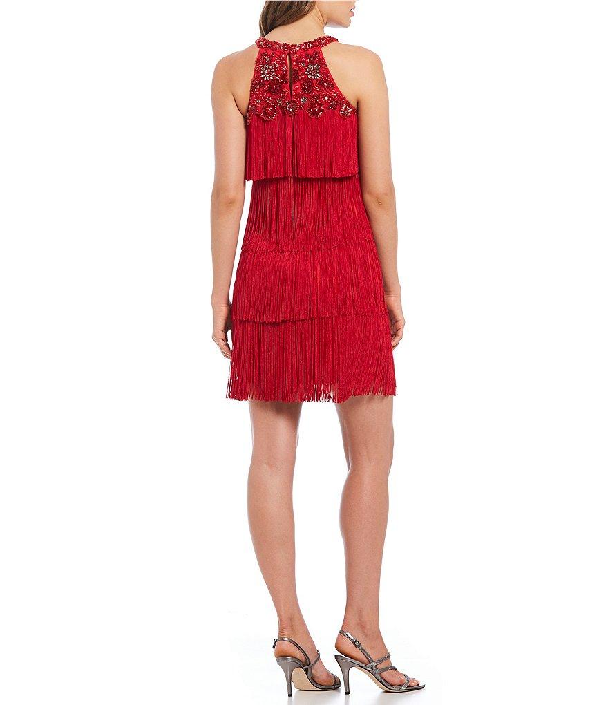 Aidan Mattox - MD1E202713 Embellished Halter Tiered Tassel Dress In Red