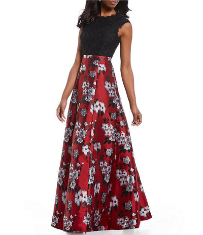 Aidan Mattox - MN1E203206 Floral Lace Metallic Jacquard A-line Dress In Red and Multi-Color