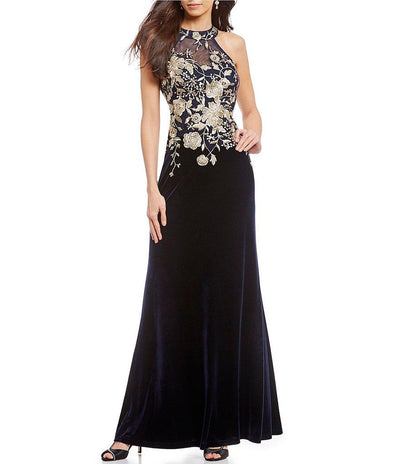 Cachet - 59820 Gilt Floral Embroidered Illusion Halter Gown In Blue and Gold