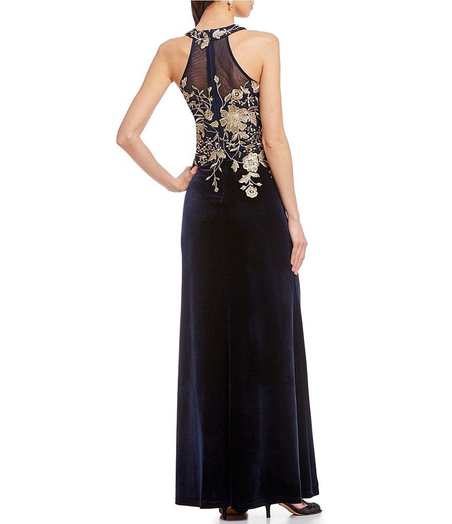Cachet 59820 - Long Sheath Dress - Mesh, Suede, Gilt Floral Embroidered, Sheer Racerback, Back Zipper Closure, Full Length Hem ADASA Cachet 59820 - Long Sheath Dress - Mesh, Suede, Gilt Floral Embroidered, Sheer Racerback, Back Zipper Closure, Full Length Hem ADASA