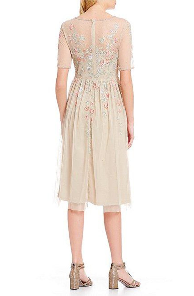 Adrianna Papell - AP1E205374 Beaded Bateau Knee Length A-line Dress In Neutral