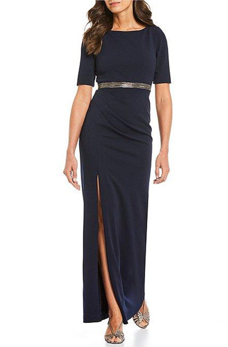 Adrianna Papell - AP1E205720 Bateau Embellished Crepe Sheath Dress In Blue