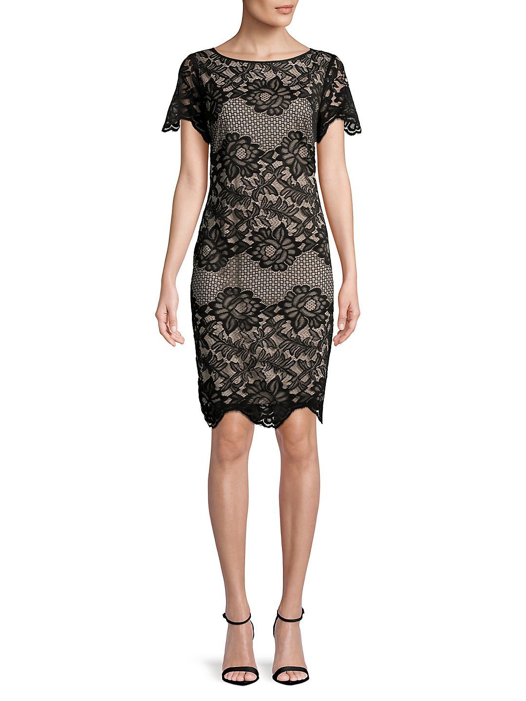 Ivanka Trump - ID8L1JBB Knee Length Short Sleeve Scalloped Lace Dress In Black