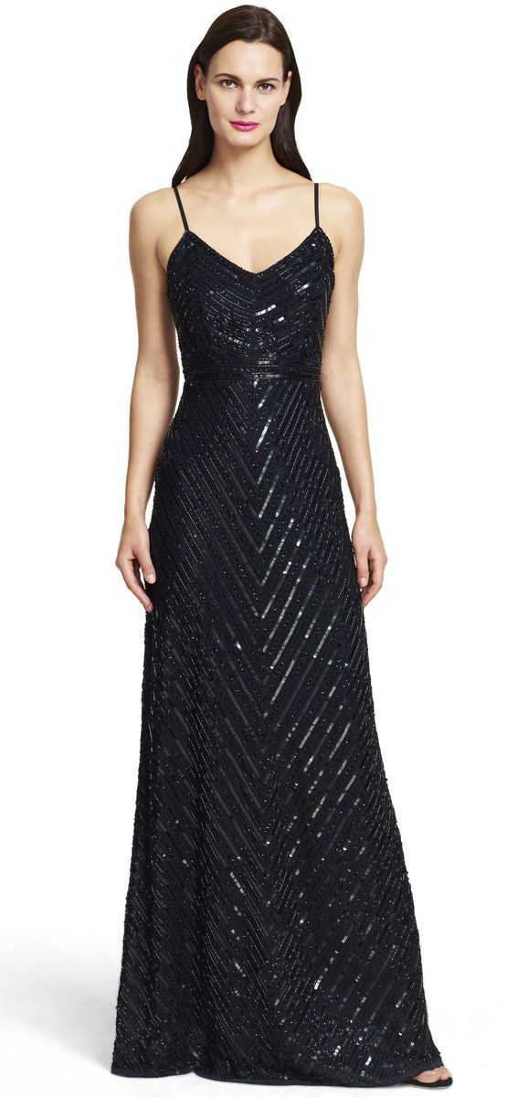 Adrianna Papell - Fine Strap Fully Beaded V-Neck Gown 91905320 in Black